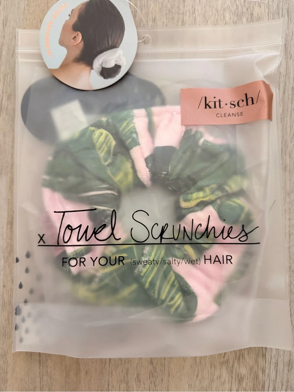 Kitsch Pink & Green Leaf Towel Scrunchie
